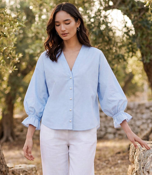Lantern Sleeve Pearl Button Top