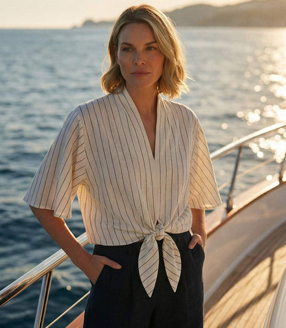 Linen Blend Stripe Flare Sleeve Tie-Front Top