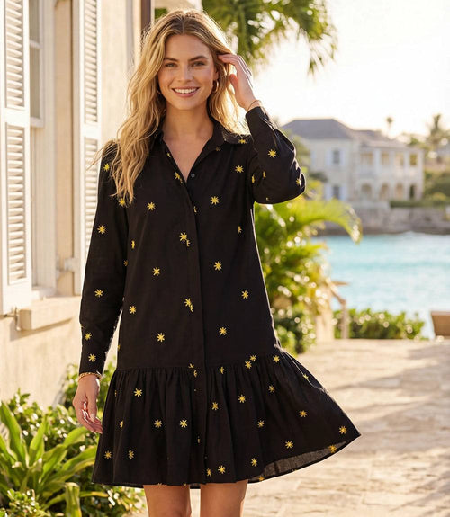 Long Sleeve Embroidered Ruffle Hem Dress