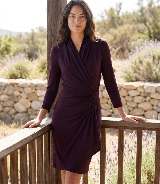 3/4 Sleeve Cascade Wrap Dress