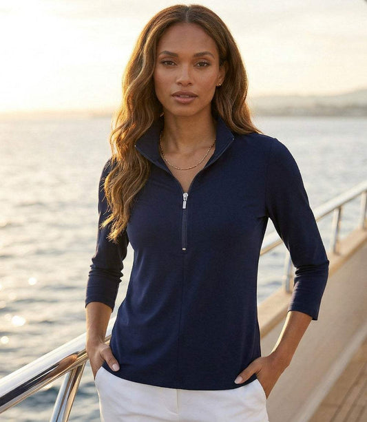 Petite Size 3/4 Sleeve Zip-Up Travel Jersey Top