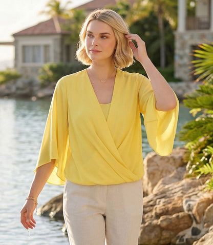Petite Size Bracelet Sleeve Drape Front Crossover Top