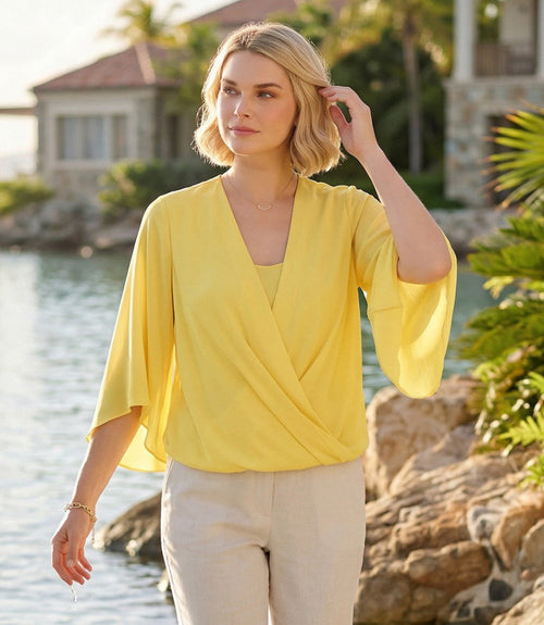 Petite Size Bracelet Sleeve Drape Front Crossover Top
