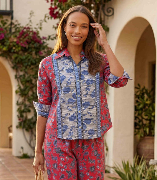 Petite Size Ruched Sleeve Border Print Shirt