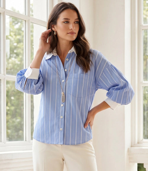 Petite Size Stripe Lantern Sleeve Button-Up Shirt