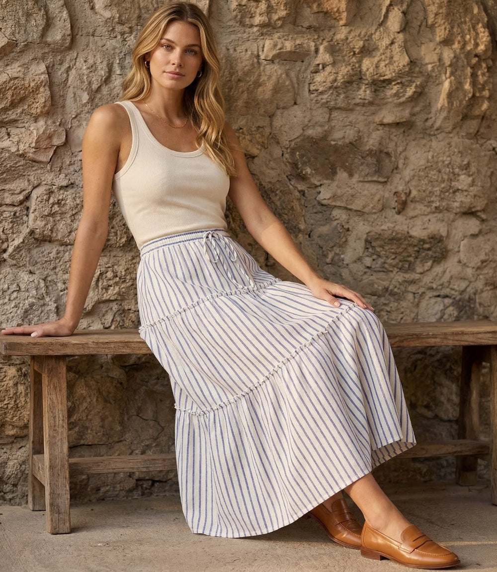 Stripe Tiered Midi Skirt
