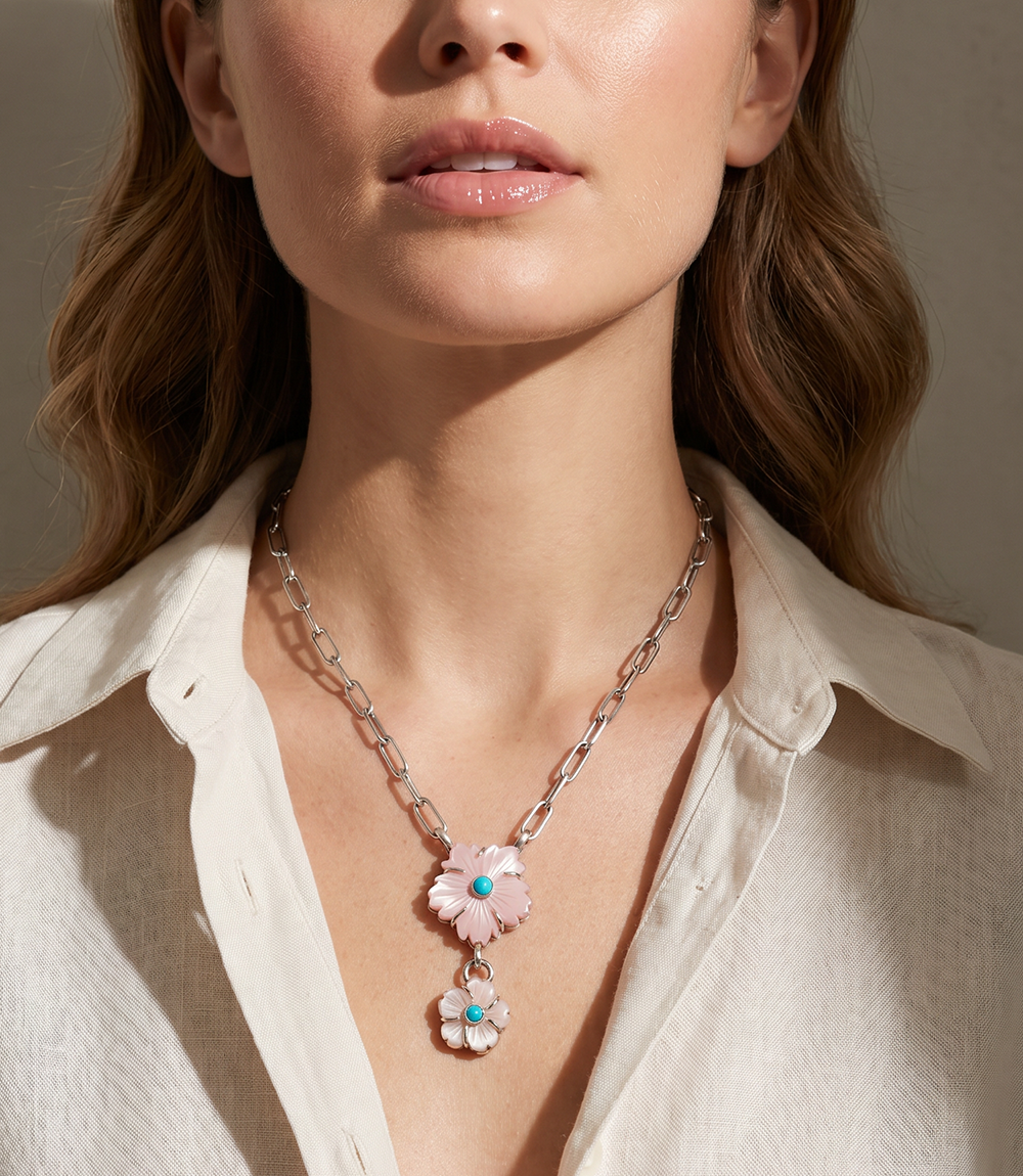Pink Conch And Turquoise Double Flower Necklace