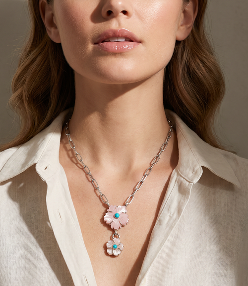Pink Conch And Turquoise Double Flower Necklace