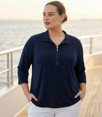 Plus Size 3/4 Sleeve Zip-Up Travel Jersey Top