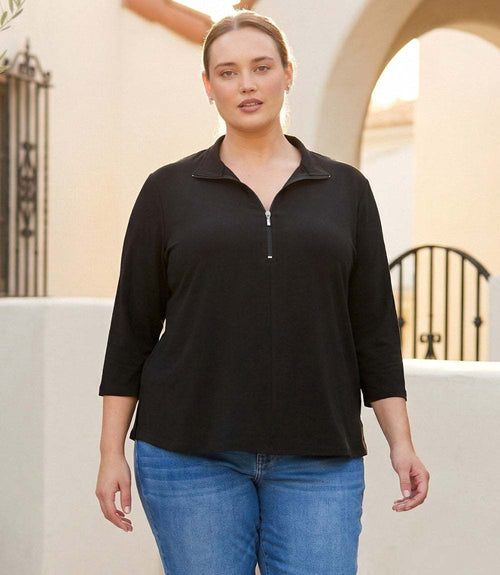 Plus Size 3/4 Sleeve Zip-Up Travel Jersey Top