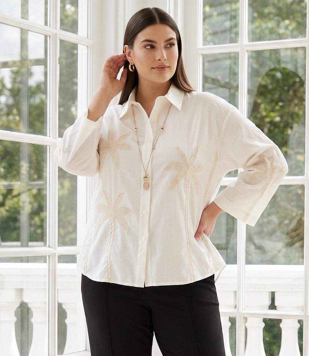 Plus Size Bell Sleeve Embroidered Palm Tree Shirt