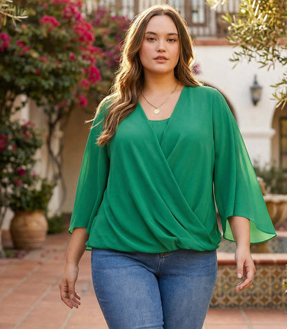 Plus Size Bracelet Sleeve Drape Front Crossover Top