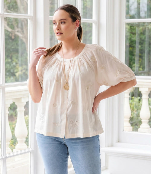 Plus Size Short Sleeve Embroidered Peasant Top