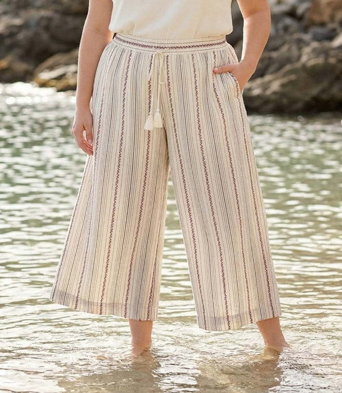Plus Size Stripe Embroidered Cropped Drawstring Pants