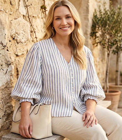 Plus Size Stripe Layered Sleeve Shirred Blouse