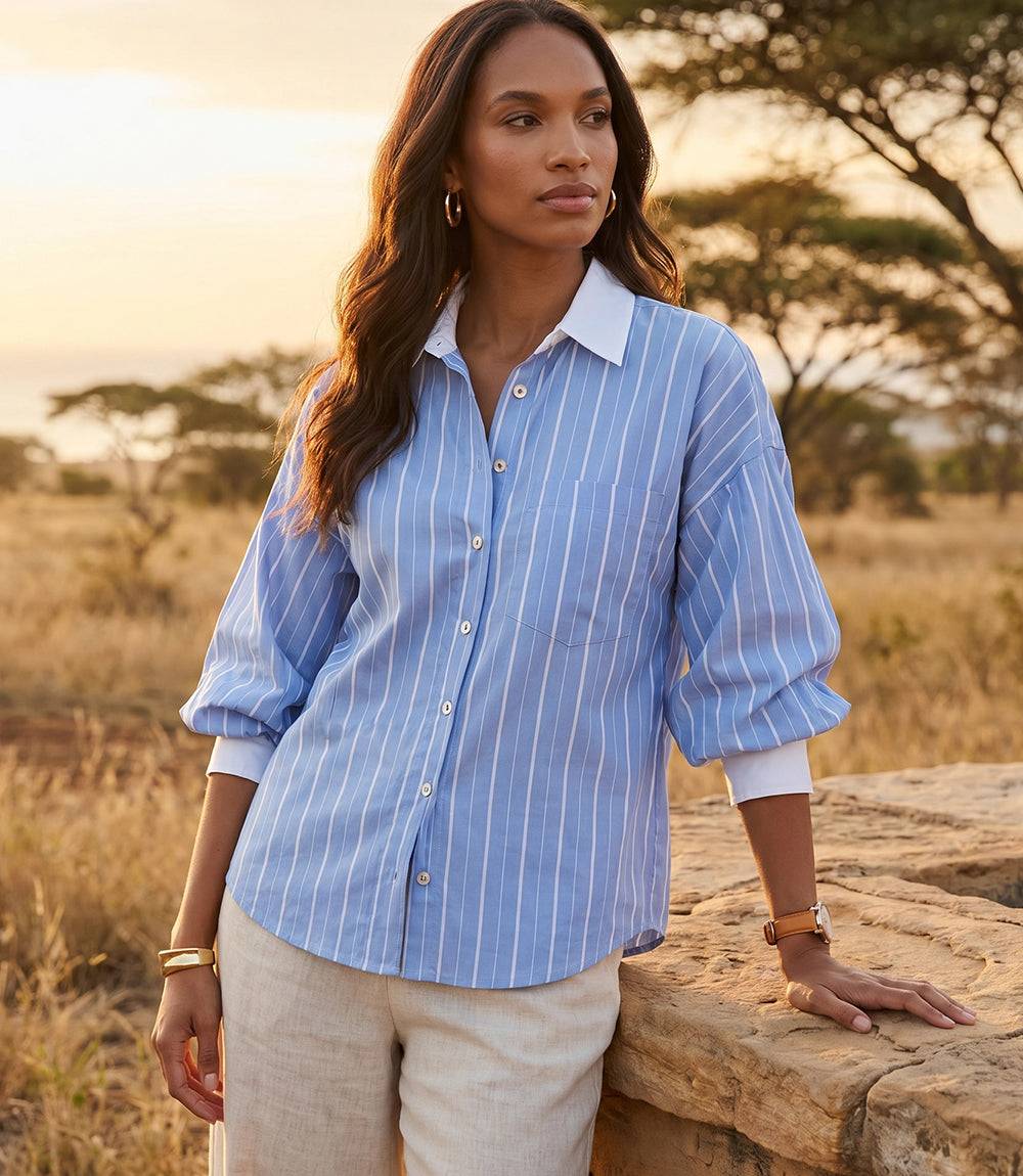 Stripe Lantern Sleeve Button-Up Shirt