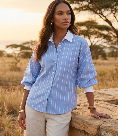 Stripe Lantern Sleeve Button-Up Shirt