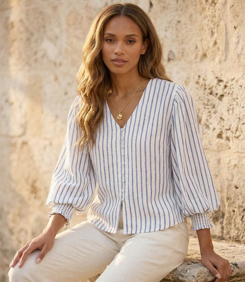 Stripe Layered Sleeve Shirred Blouse
