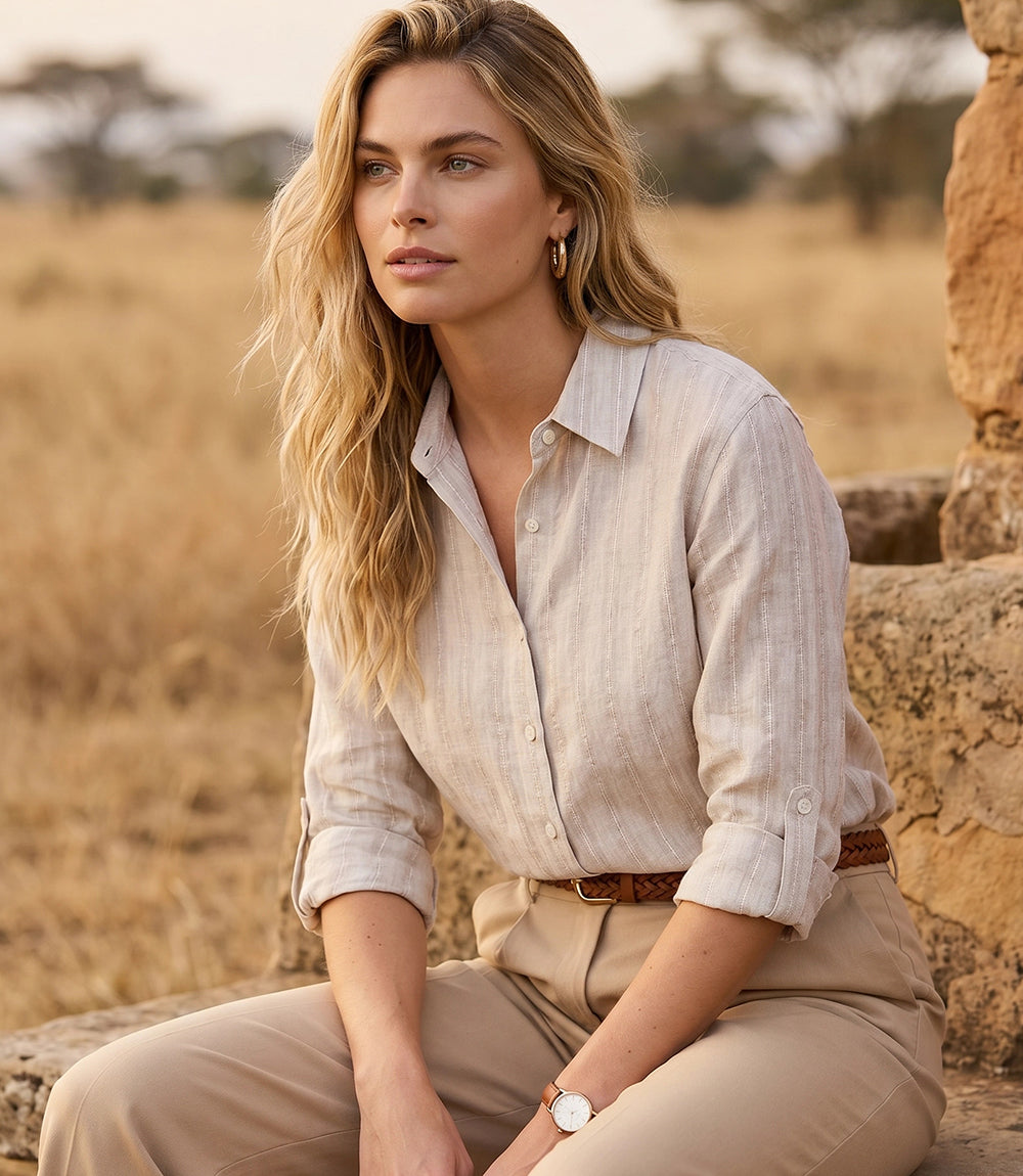 Stripe Linen Roll-Tab Shirt