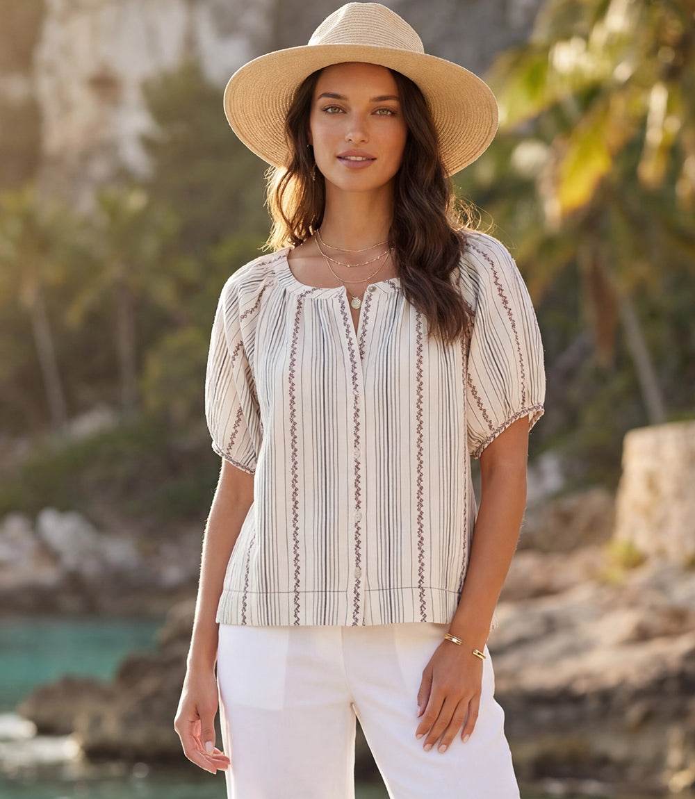 Stripe Puff Sleeve Embroidered Peasant Top
