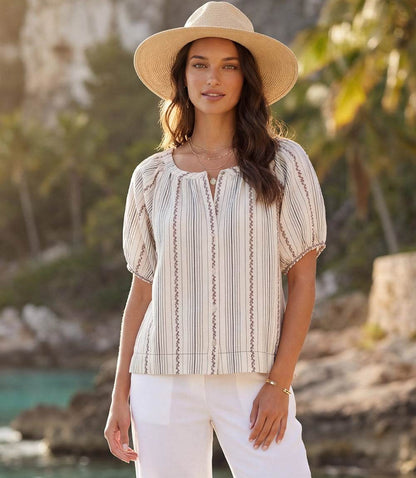 Stripe Puff Sleeve Embroidered Peasant Top