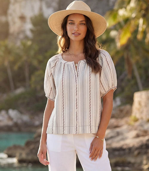 Stripe Puff Sleeve Embroidered Peasant Top