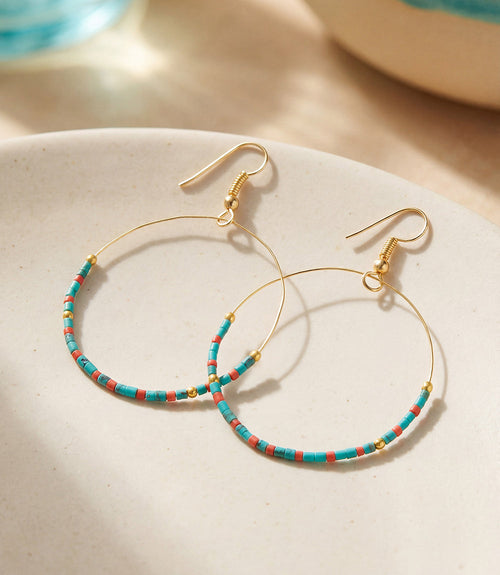 Turquoise And Red Coral Hoop Earrings