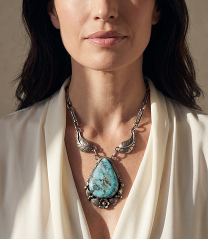 Vintage Turquoise Pendant Silver Feather Necklace
