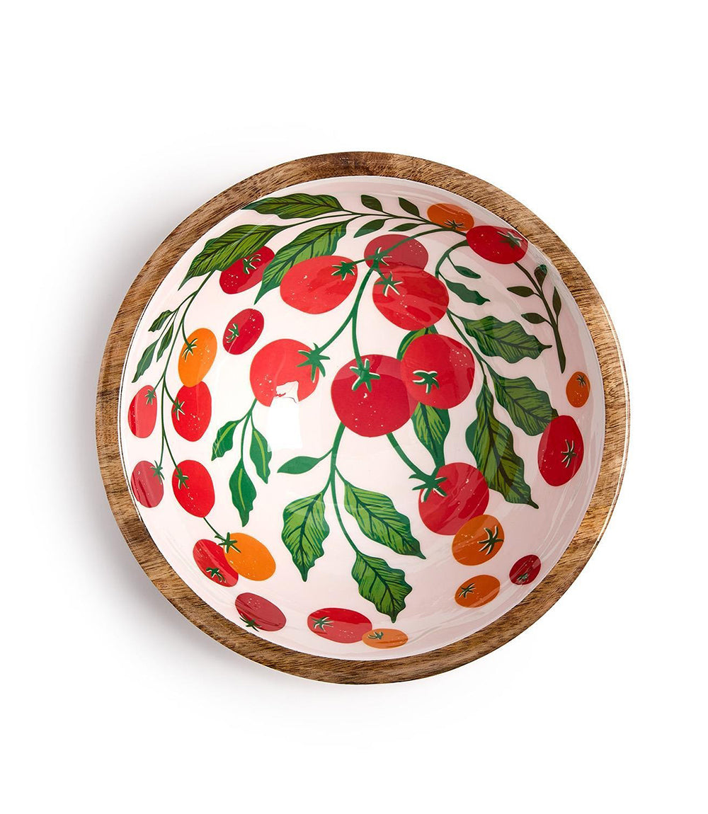Wooden Enamel Tomato Print Serving Bowls, Set Of 2