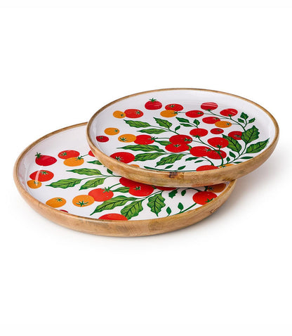 Wooden Enamel Tomato Print Trays, Set Of 2