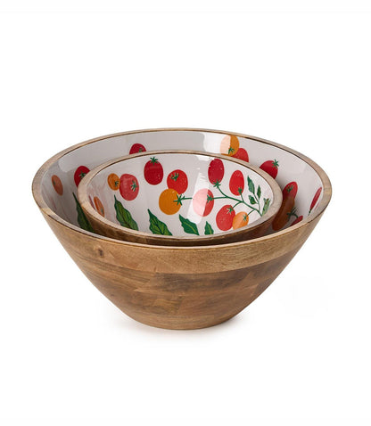 Wooden Enamel Tomato Print Serving Bowls, Set Of 2
