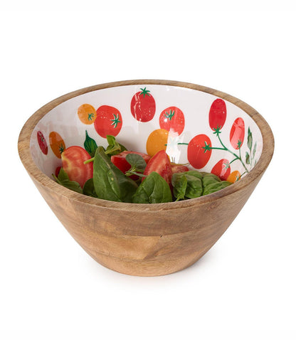 Wooden Enamel Tomato Print Serving Bowls, Set Of 2