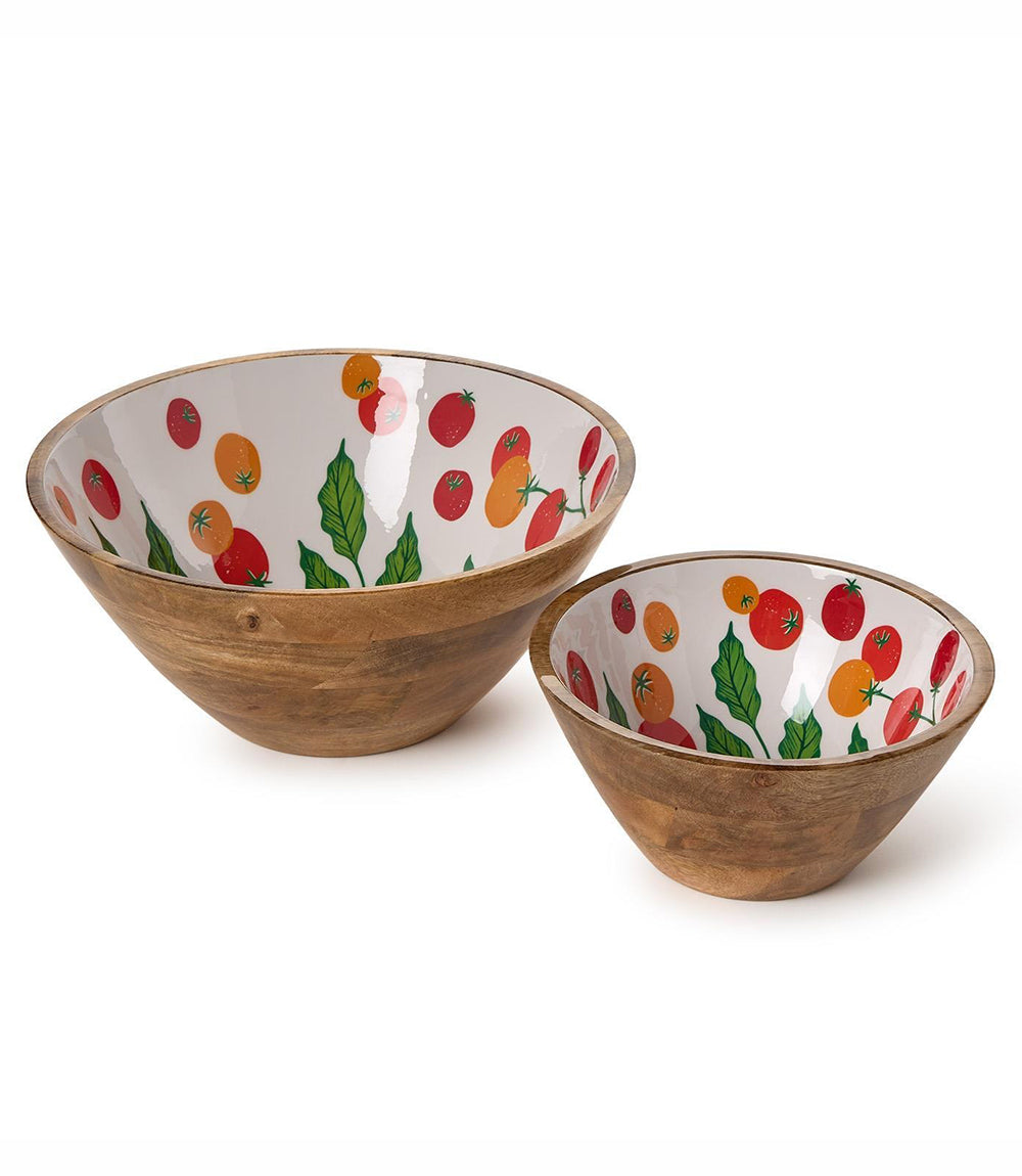 Wooden Enamel Tomato Print Serving Bowls, Set Of 2
