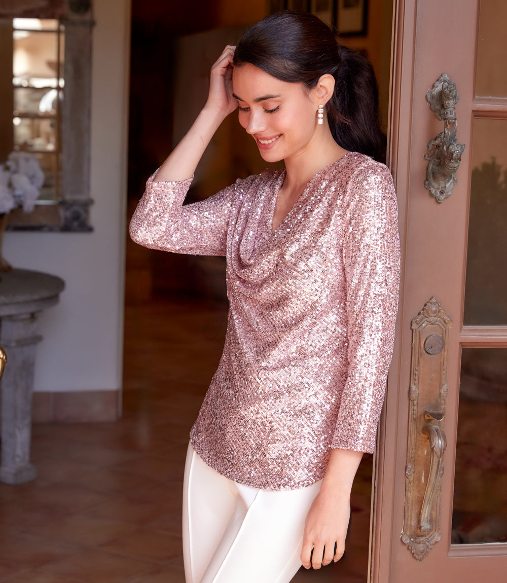 3/4 Sleeve Drape Front Sequin Top