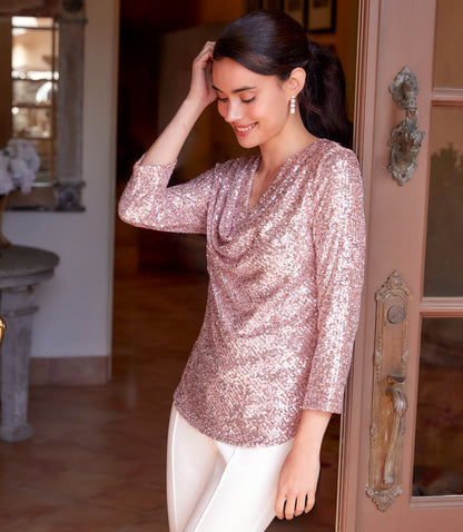 3/4 Sleeve Drape Front Sequin Top