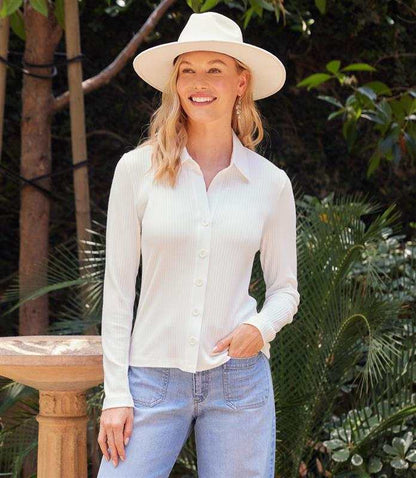 Ribbed Long Sleeve Button Front Top