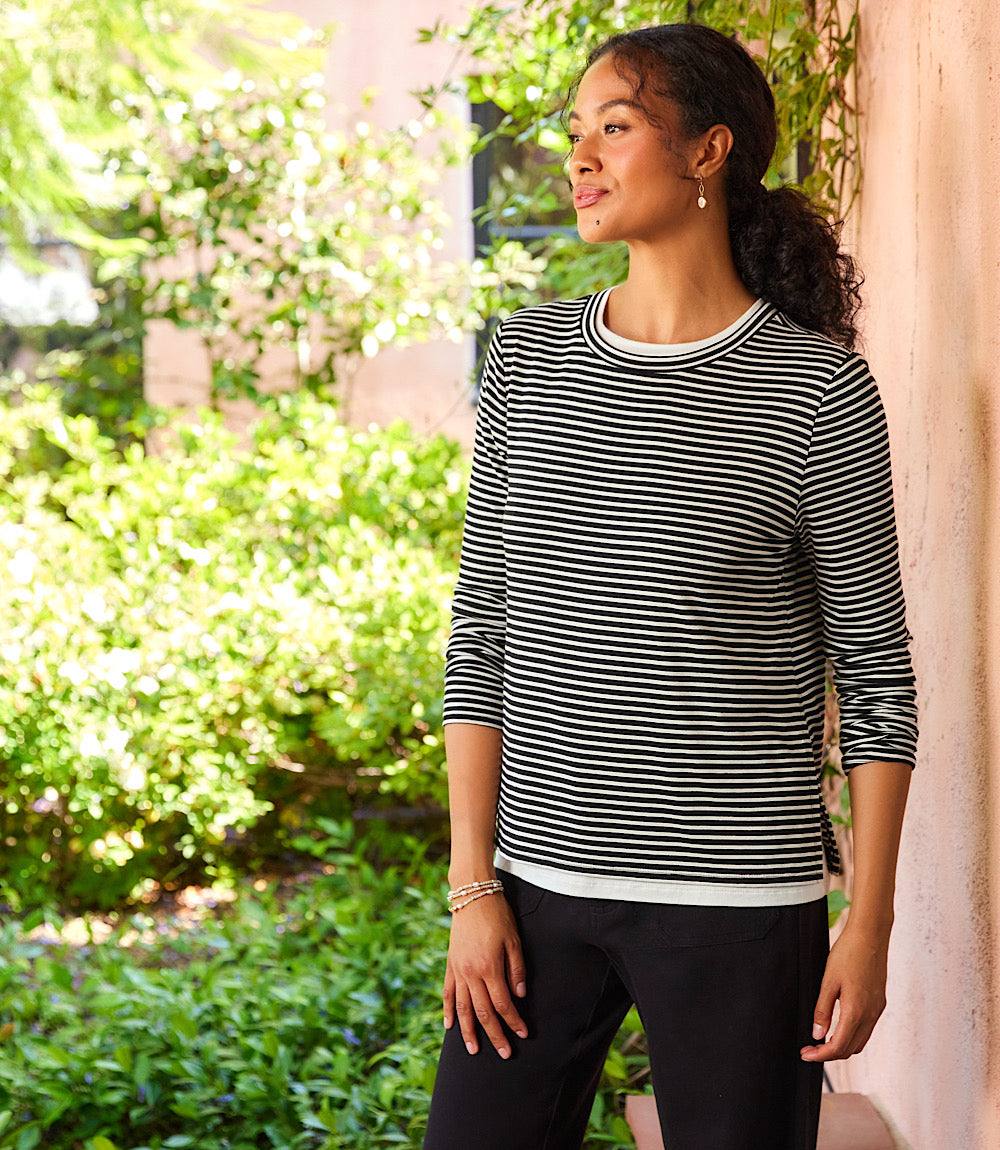Petite Size Long Sleeve Stripe Double Layer Side-Slit Top