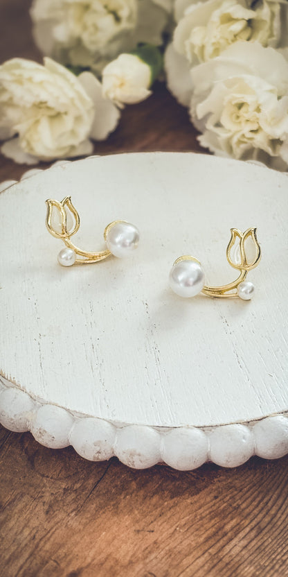 Beautiful Pearl and Tulip Flower Jacket Earrings