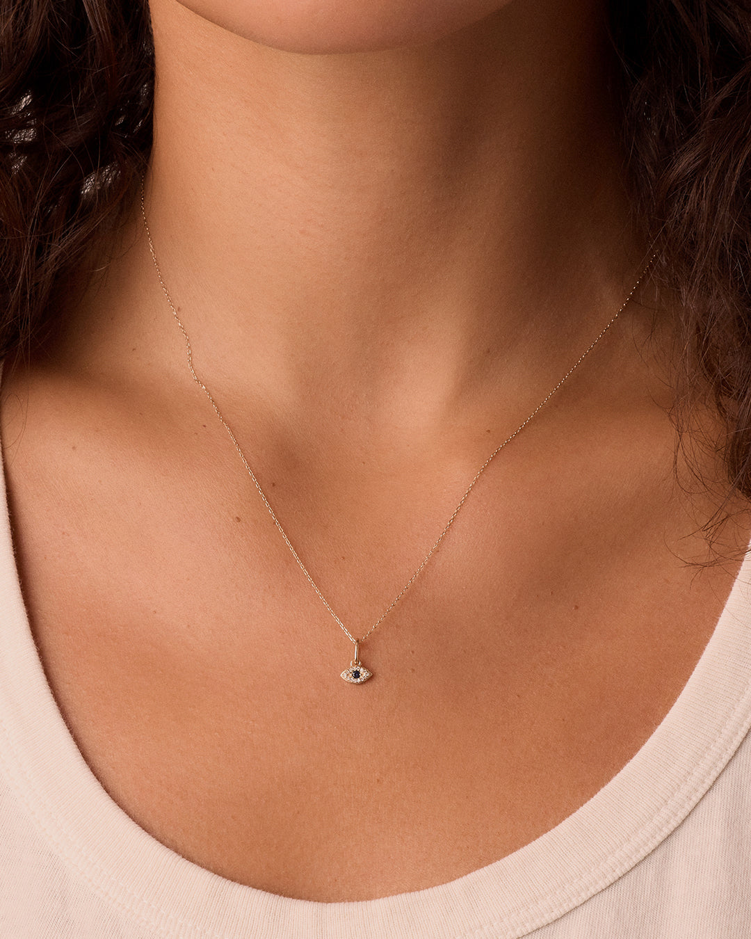 14K Diamond and Blue Sapphire Evil Eye Charm Necklace