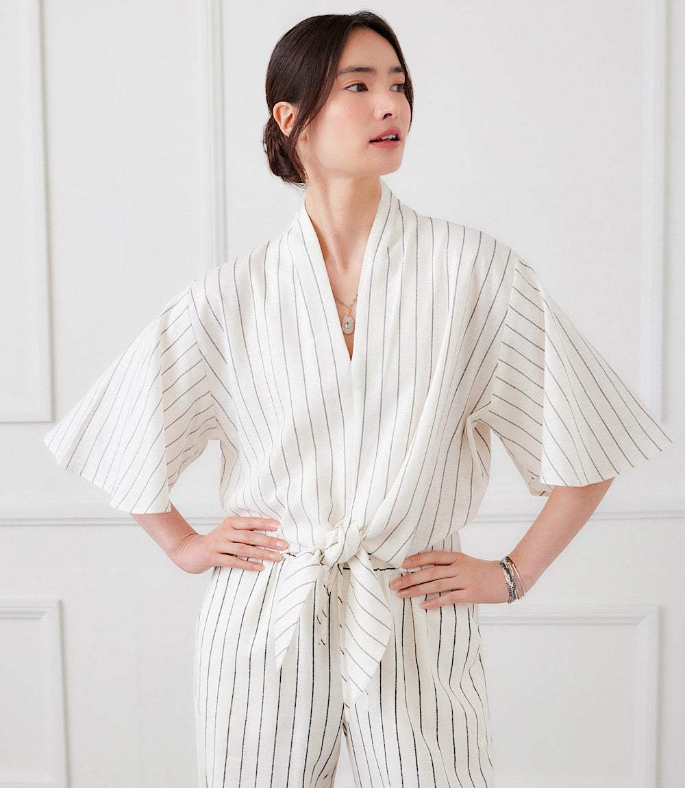 Linen Blend Stripe Flare Sleeve Tie-Front Top