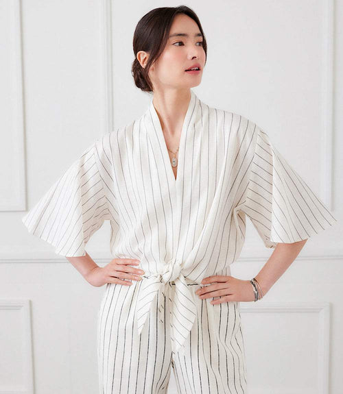 Linen Blend Stripe Flare Sleeve Tie-Front Top