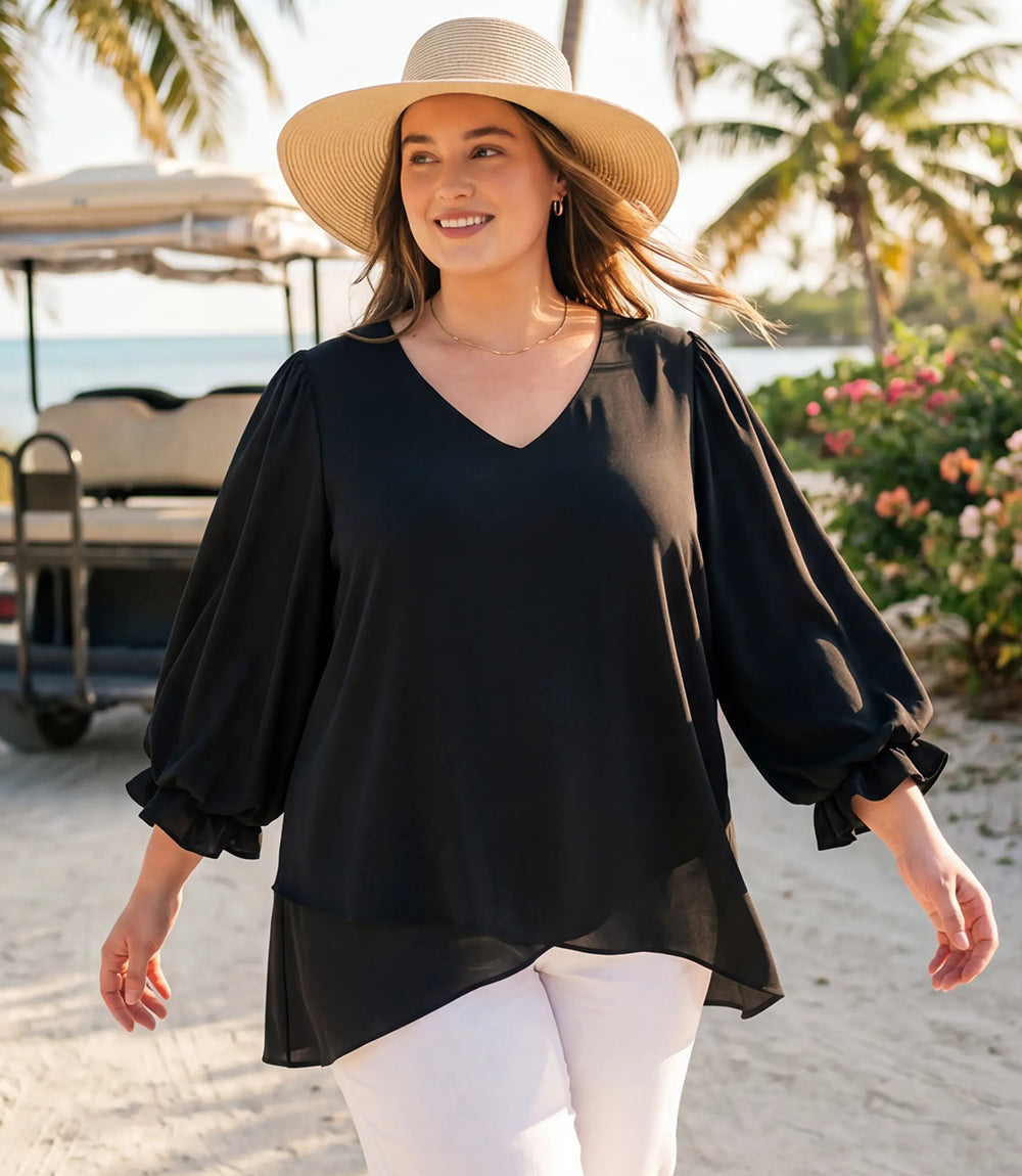 Plus Size Layered Sleeve Asymmetric Top