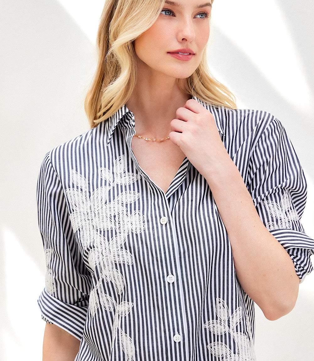 Roll-Tab Stripe Embroidered Shirtdress