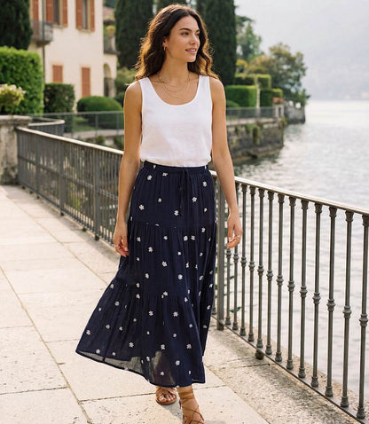 Embroidered Tiered Midi Skirt