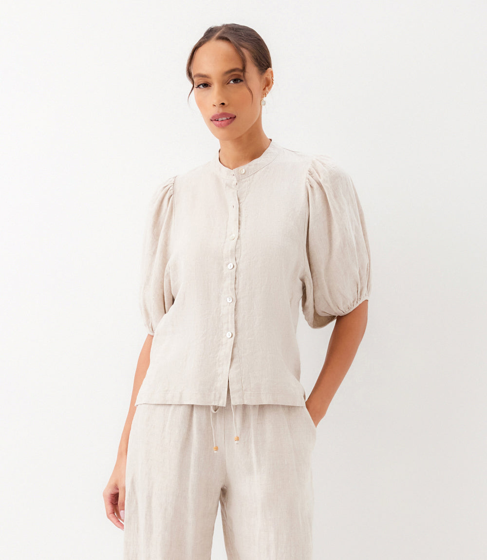 Puff Sleeve Linen Button-Up Shirt