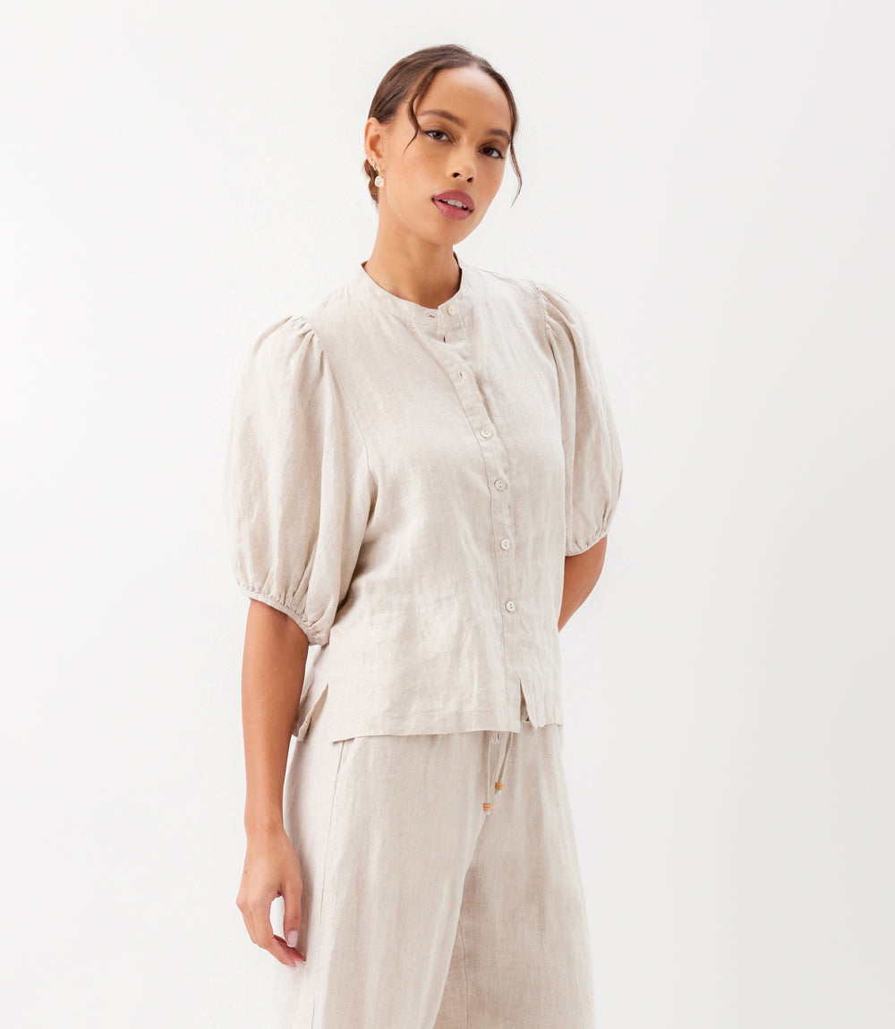 Puff Sleeve Linen Button-Up Shirt
