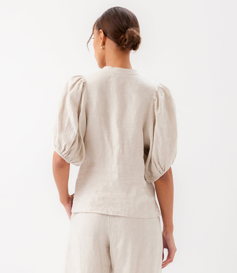 Puff Sleeve Linen Button-Up Shirt