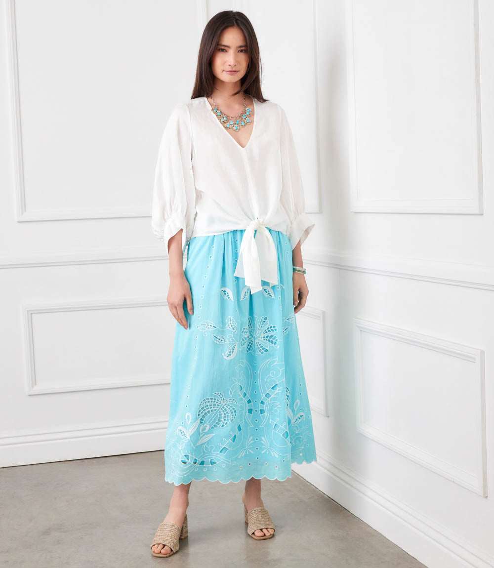 Cut-Out Embroidery Midi Skirt