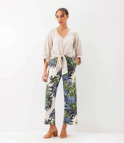 Blouson Sleeve Linen Tie-Front Top