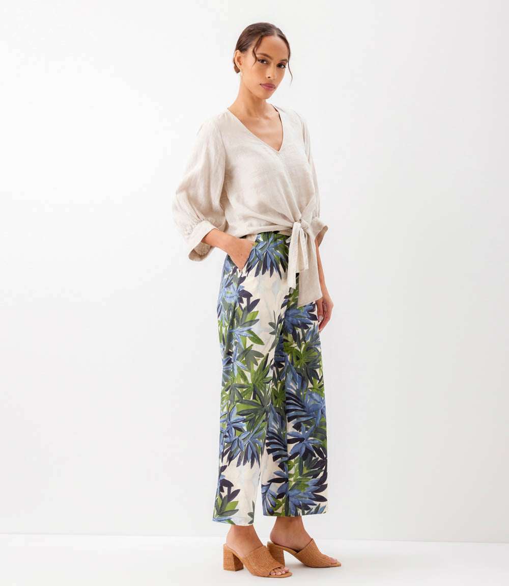 Blouson Sleeve Linen Tie-Front Top